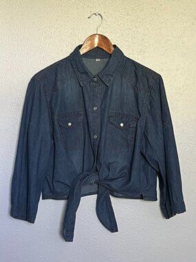 Womens Chambray Denim Tie Front Western Cropped Shirt Size XL